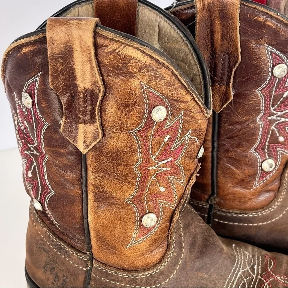 Western Leather Cowboy Boots Rhinestones Rodeo Cowgirl Girls Size 5 Rustic Look